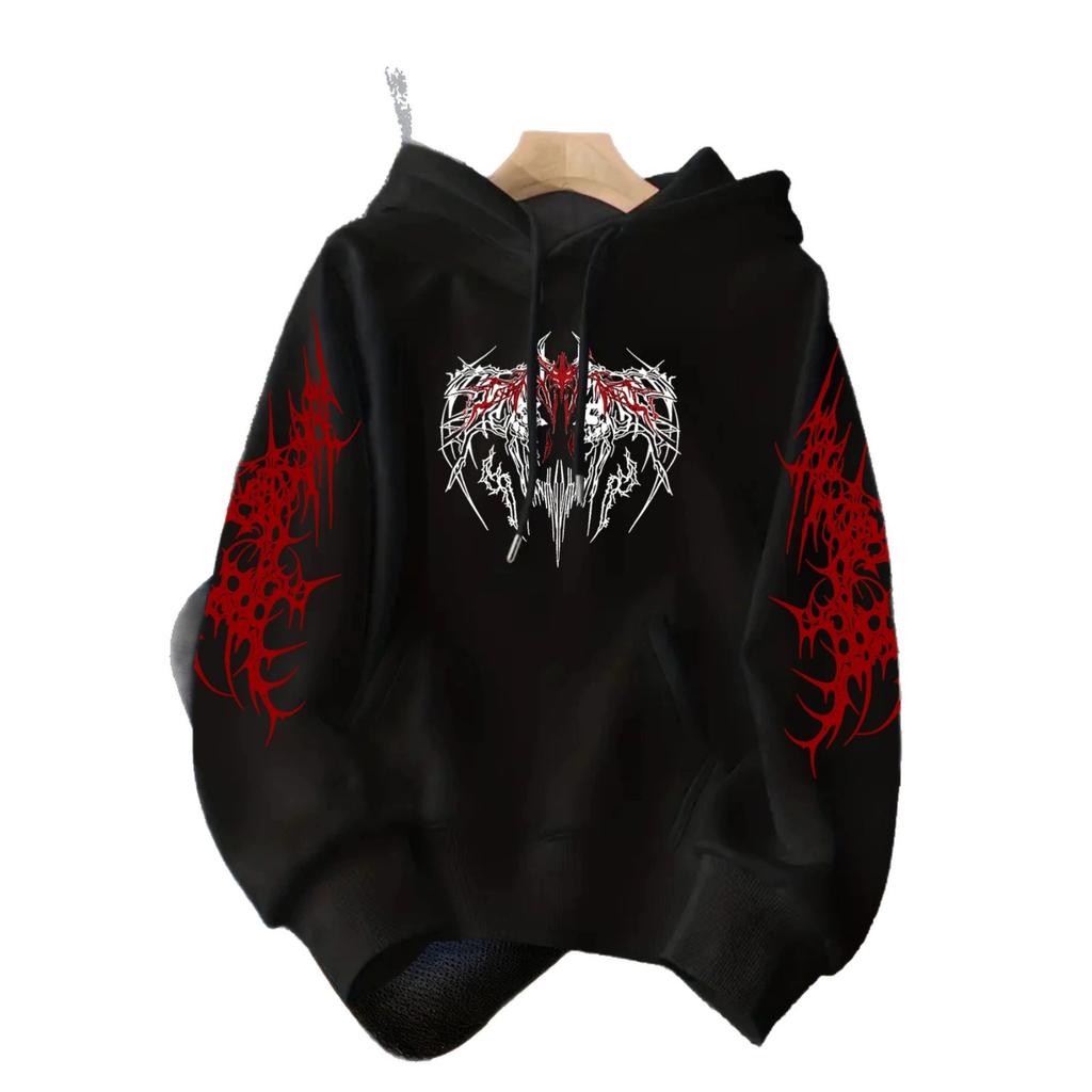 Dark wind gothic letter print hooded sweater men and women the same red loose street style top