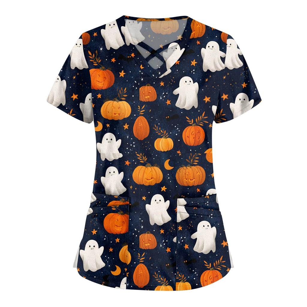 Damenmode V-Ausschnitt Kurzarm Overalls Doppeltasche Halloween Aufdruck Oberteile Bekleidung