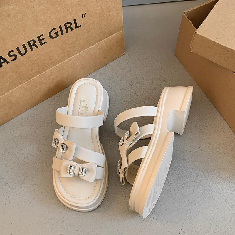 Foreign Style Bow Outer Wear One-word Drag Women's New Summer Thick-bottomed Rhinestone Muffin Versatile Cool Slippers