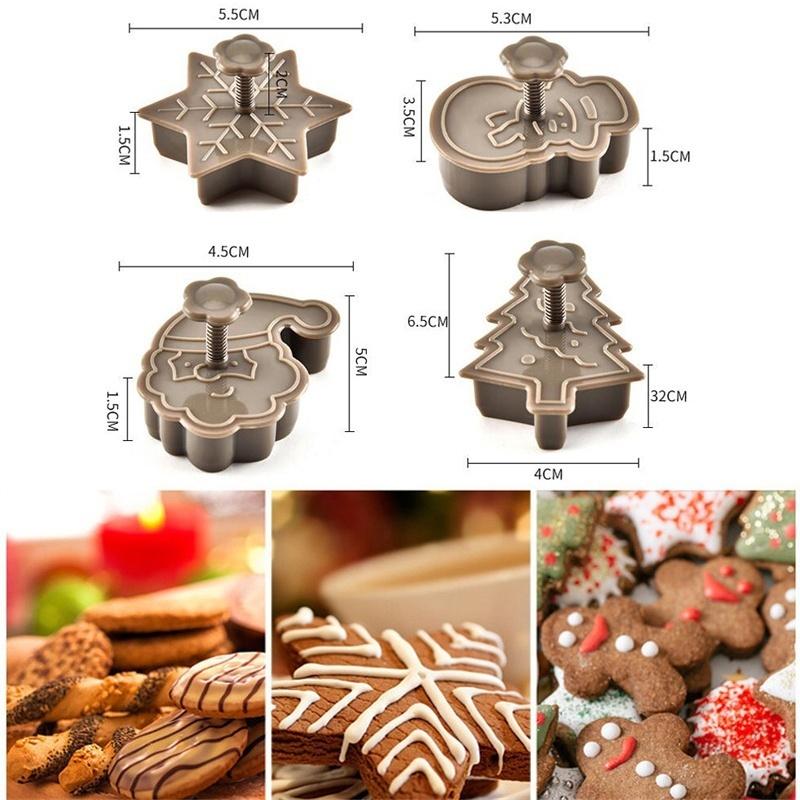 4 Stück Kunststoff-Plätzchen-Backformen, Schneemann/Schneeflocke/Weihnachtsbaum, Weihnachtsmann-Muster, Backformen