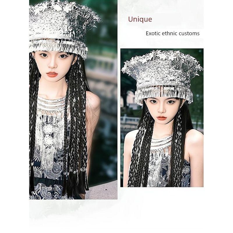 False Braids Children's Miao' S Ethnic Style Cable Stitch Long Braid Tibetan Style Color Small Braid Silver String Dreadlocks Pair Ponytail Wig