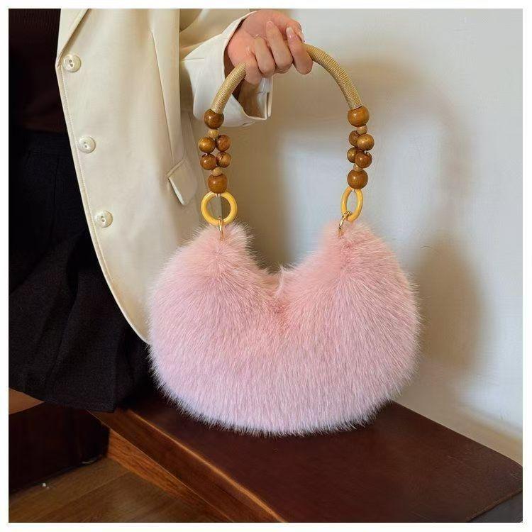 Women's Korean Style Wooden Bead Fluffy Tote: Fashionable Shoulder Bag, Versatile High-Value Design