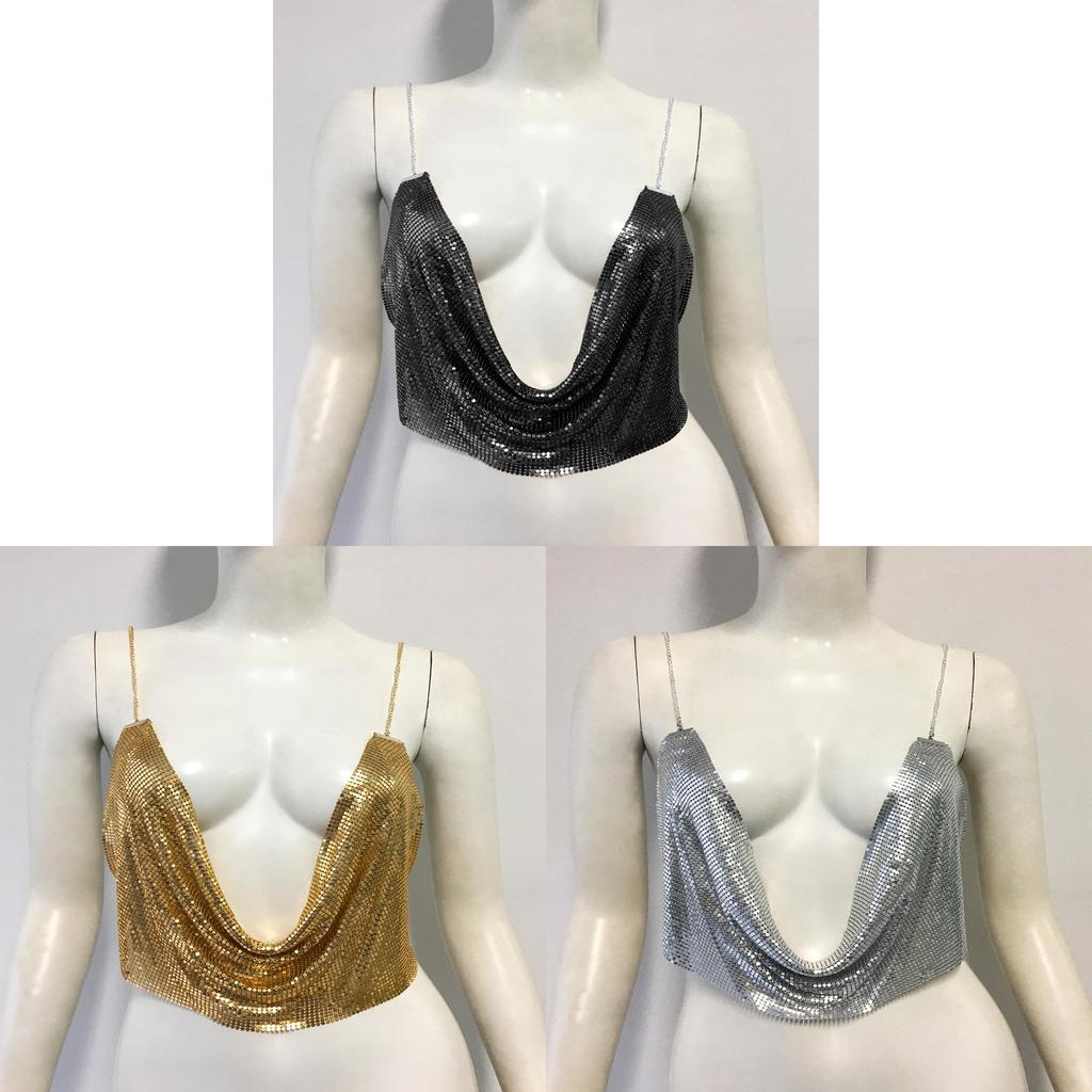 Crop Top Senza Maniche con Paillettes Metalliche per Moda Nightclub Donna Estate