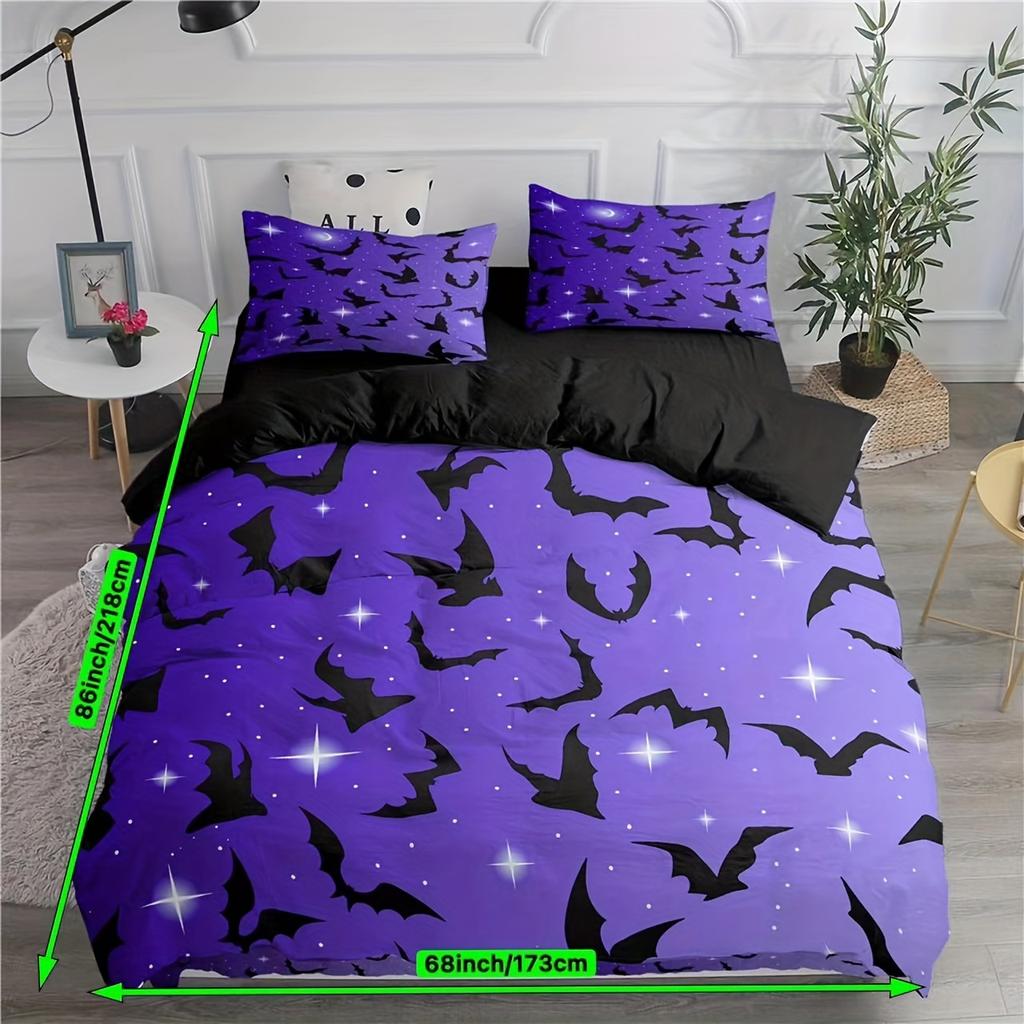 Purple Printed Duvet Cover Set, 3Pcs Flying Bats Black White Bedding Sets For Bedroom Dorm Room, Halloween Theme Bedding