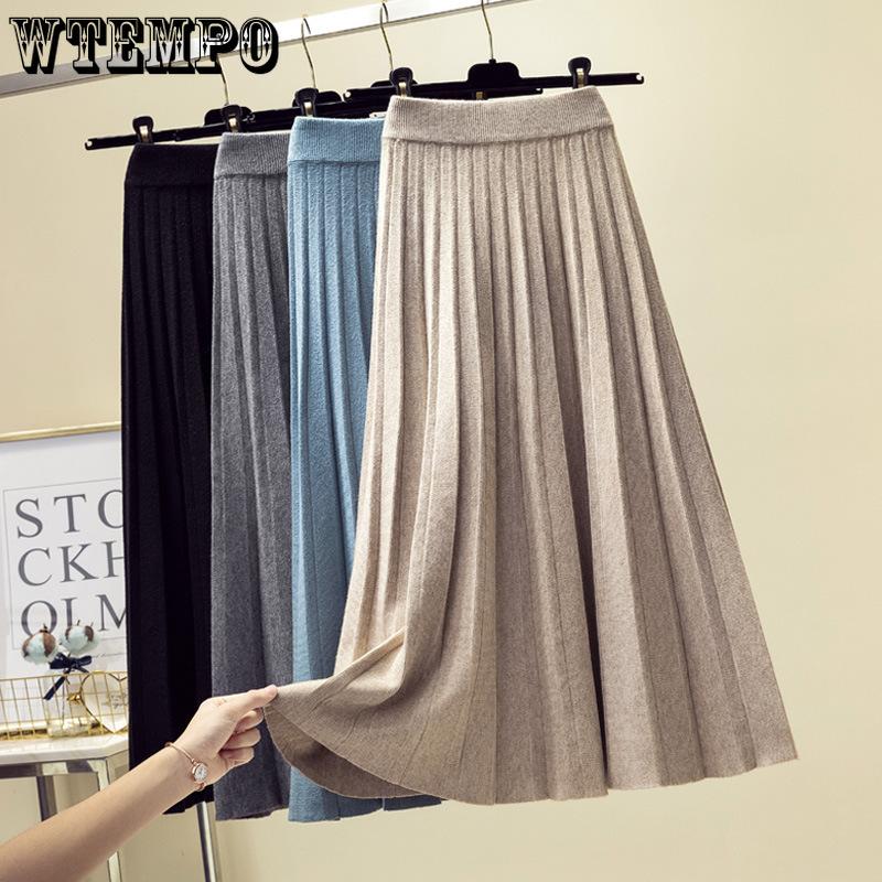 Autumn and Winter High Waisted Knitted Skirt for Women Mid Length Pleated Skirt
