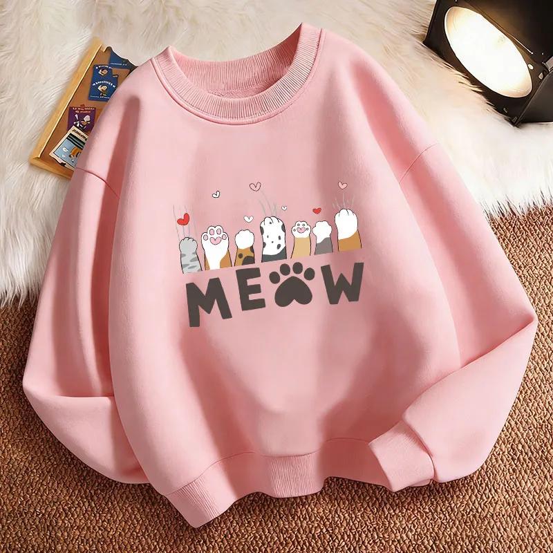 Autumn/Winter Children's Hooded Sweatshirt with Cute Cat Paw PatternCrew Neck, Printed Design, Christmas Gift for Boys and Girls