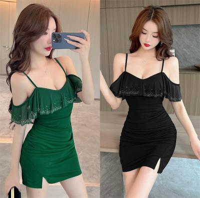 Work Temperament Famous Daughter Suspender One-word Shoulder Dress Summer Lotus Leaf Edge Sexy and Thin Hip Skirt Woman