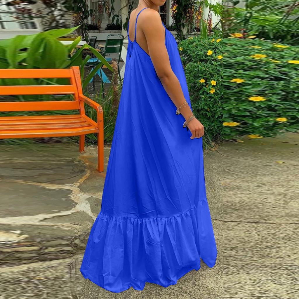 Women Fashion Casual Solid Strap Dress Pocket Loose Backless Big Swing Dress