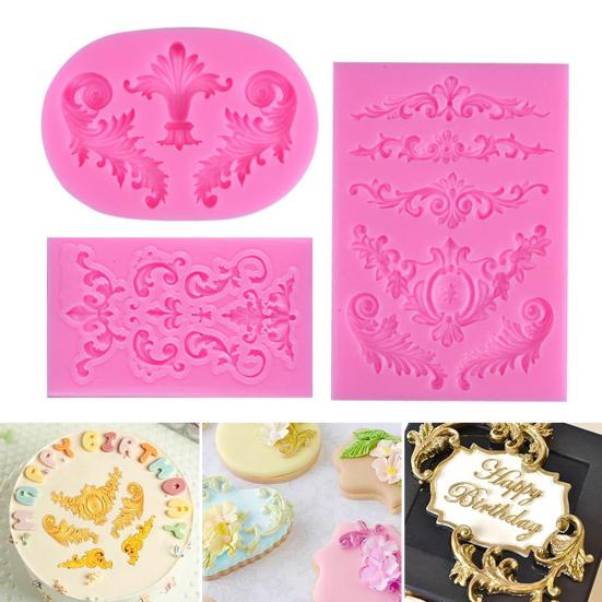 3Pcs Baroque Style Silicone Mold Flexible Non-Stick Flower Lace Mold Fondant Chocolate Decorating Tools for Wedding Birthday