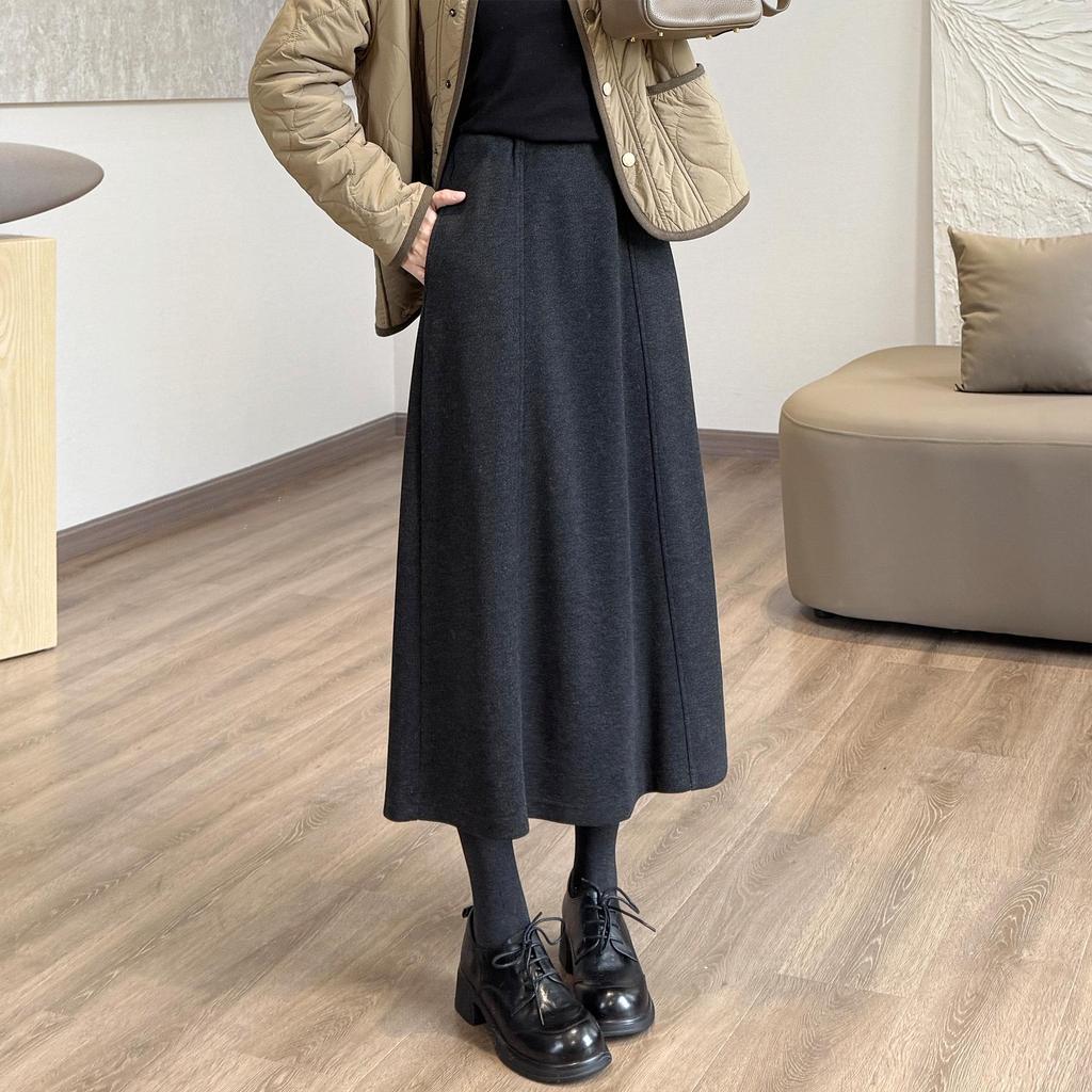 Wool-Blend 6-Panel Skirt with Elastic Waist and Hidden Inner Fold, Autumn/Winter Style