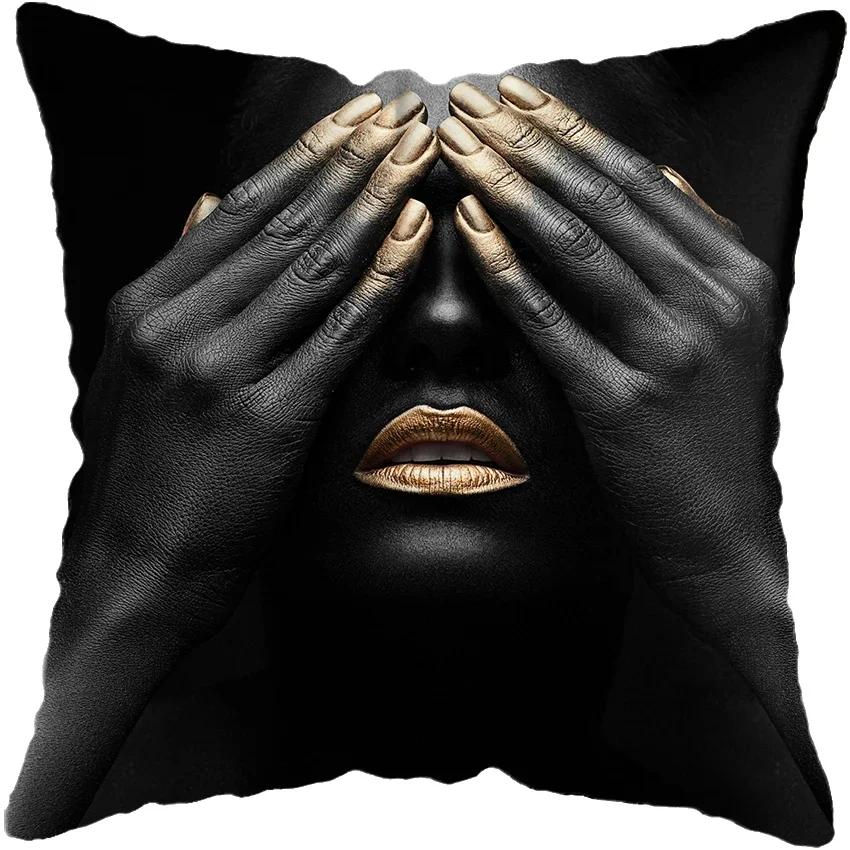Modern Living Room Black Gold African Lady Woman Style Look Art Deco Sofa Pillowcase Cushion Cover