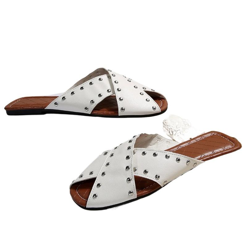 Fashion 2025 New Ladies Shoes Open Toe Women's Slippers Fashion Outdoor Rivet Daily Summer Plus Size Concise Comfortable Flat Slippers