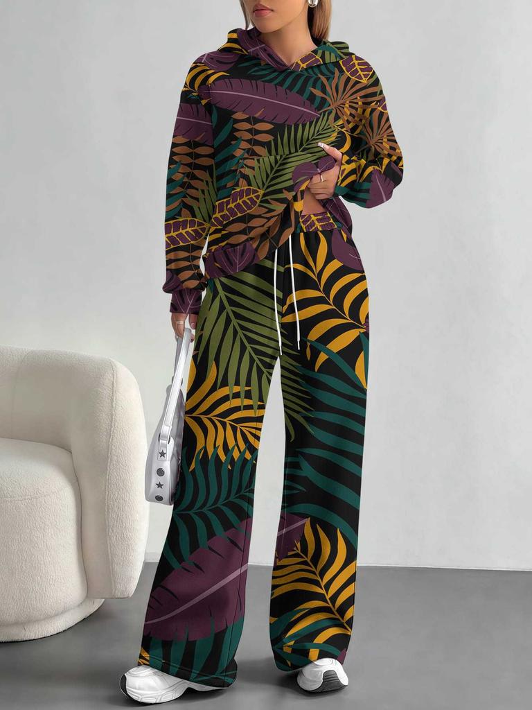 European, American Autumn And Winter Casual Retro Flower Long-Sleeved Suit Women'S Hooded Sweater Trousers Two-Piece Set