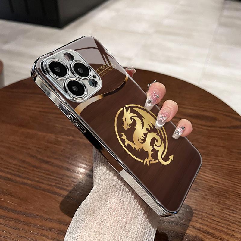 Wooden Texture Metal Flying Dragon Pattern Phone Case for Iphone Models 16 16Pro 16Promax 16Plus 15 15Plus 15Pro 15Promax