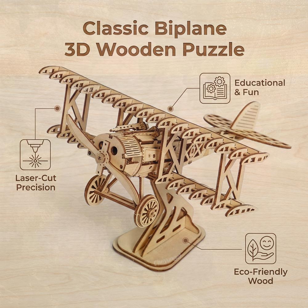 3D Wooden Puzzle Bi-Plane Aircraft Model Kits DIY Assembly 3D Puzzle For Adults Teens Brain Teaser Home Decor Crafts