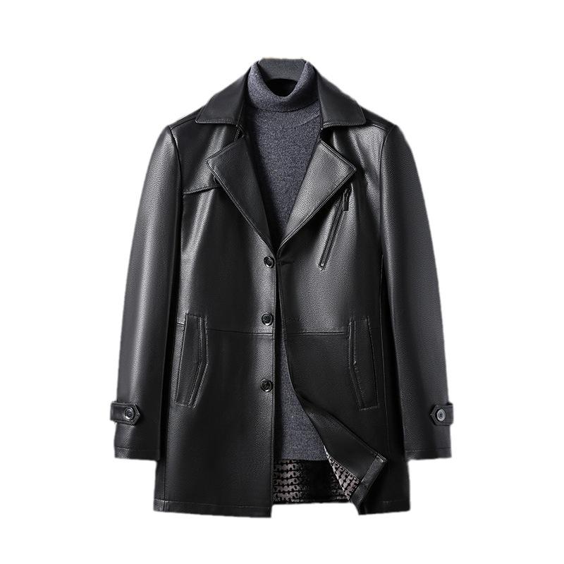 Jaqueta de Couro Veludo Média e Longa Masculina Outono e Inverno Nova Tendência da Moda Versão Coreana Gola de Terno de Botão Único Jaqueta de Couro para Meia-idade