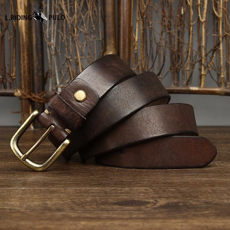 Vintage Echtleder Gürtel Herren Erste Schicht Rindsleder Reines Kupfer Dornschließe Lässiger Jeansgürtel