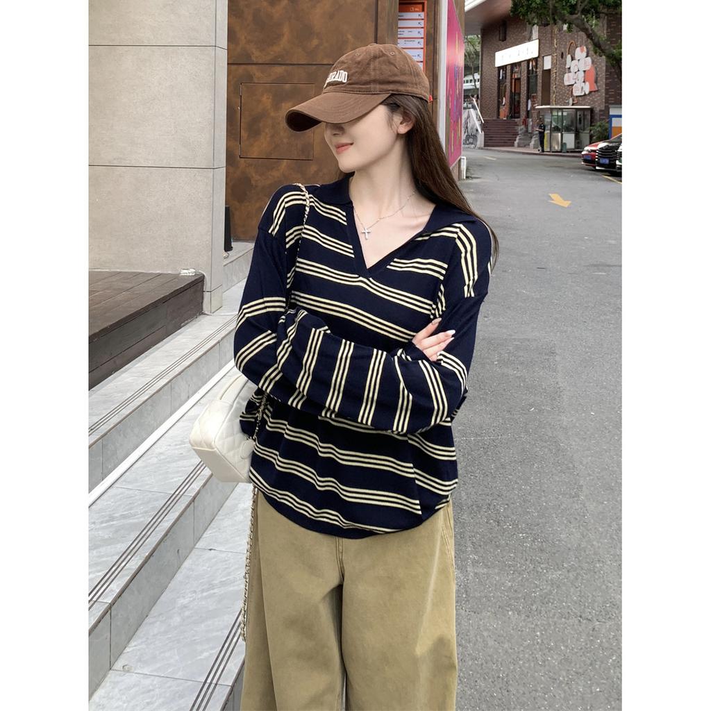 Striped polo collar soft waxy top women's spring and autumn new niche loose lazy wind loose knitted sweater