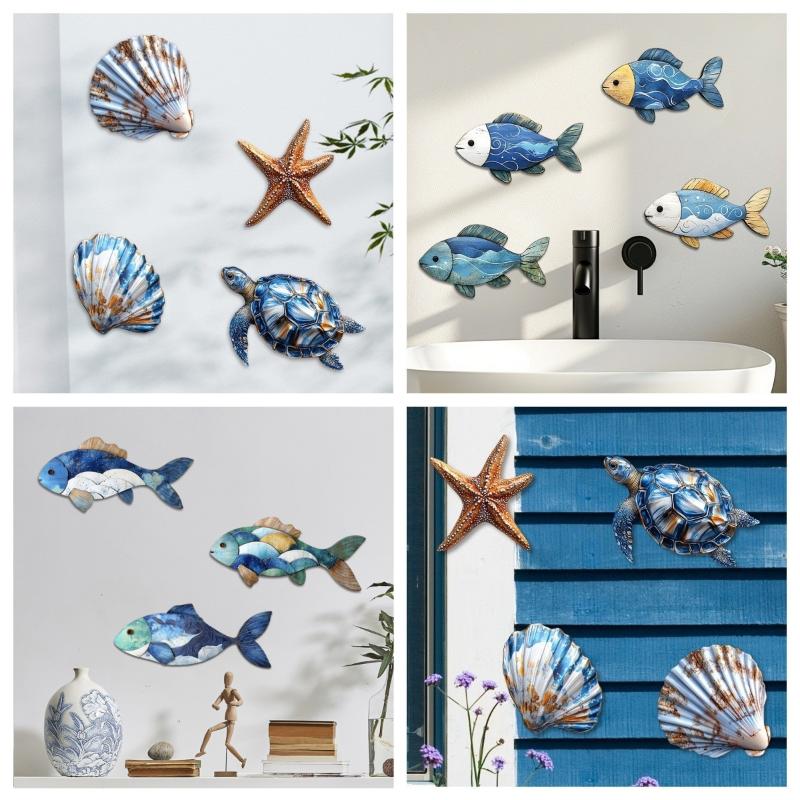 Wooden Blue Fish Wall Ornament Rustic Hand Carved Fish Signs Pendant Funny Wall Art Ocean Animal Decoration