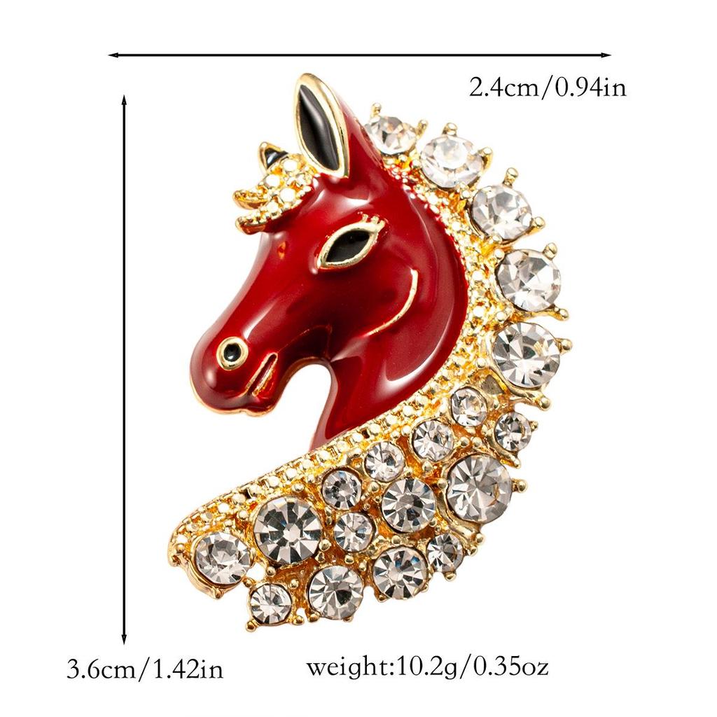 Diamond-Inlaid Red Enamel Horse Brooch: Light Luxury Zodiac Pin, Versatile and Cute.