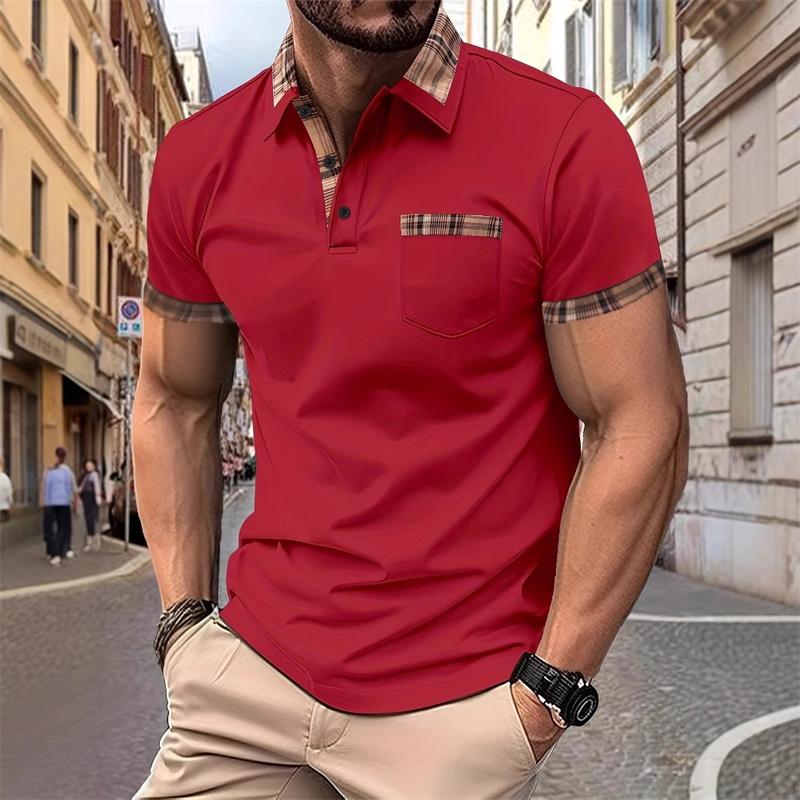 Men's Plaid Patchwork Short-sleeved Polo Shirt, Stylish Collared Pocket Design, Casual Business Slim Fit, Versatile Men's Top.