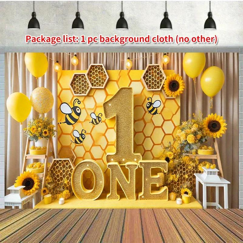 1pz Sfondo Festa di Compleanno Ape e Girasole - "1" Dorato con api e fiori per giardino di casa e celebrazioni di anniversario