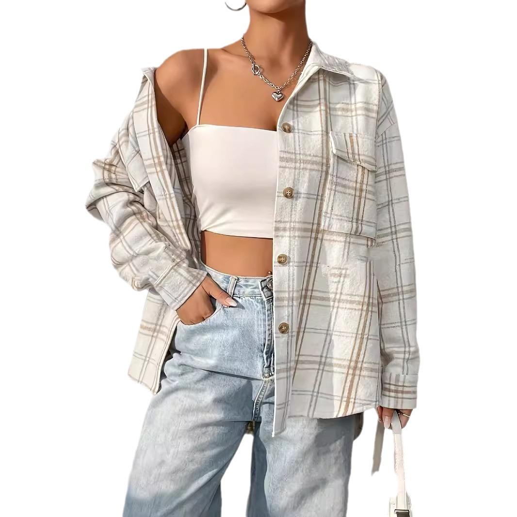 

Женский весенне-осенний повседневный свободный кардиган средней длины с лацканами в клетку XXL белый