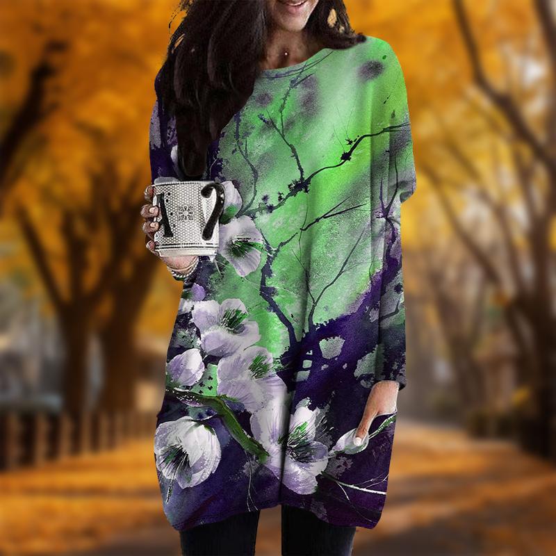 

Новинка осени Китайская живопись Цветок сливы Принт Плюс Размер Платье Женское O-образный вырез Длинные рукава Повседневные Карманные Платья 4XL