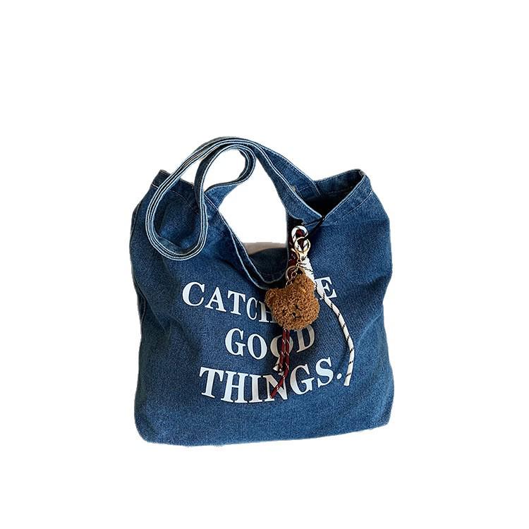 Retro Letter Denim Tote Bag - Large Capacity, Lazy Style Shoulder Bag
