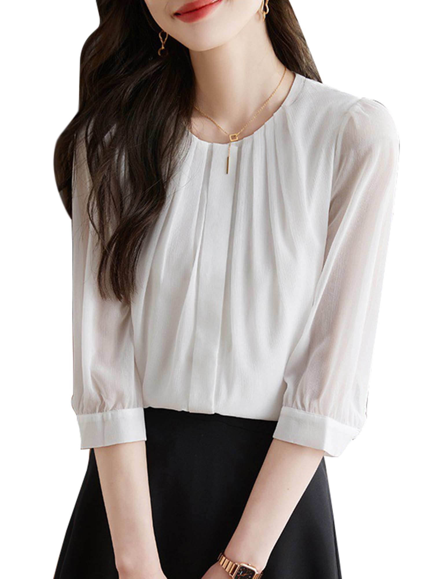 

Рубашка Блузка для Элегантная Свободная Для Повседневной Носки Большая Осень [Lalapala] Женская, Шифон, Топ, Посадка, Однотонная, Стройнящая, Взрослая, Стильная, Элегантная, Универсальная, 3/4 белый