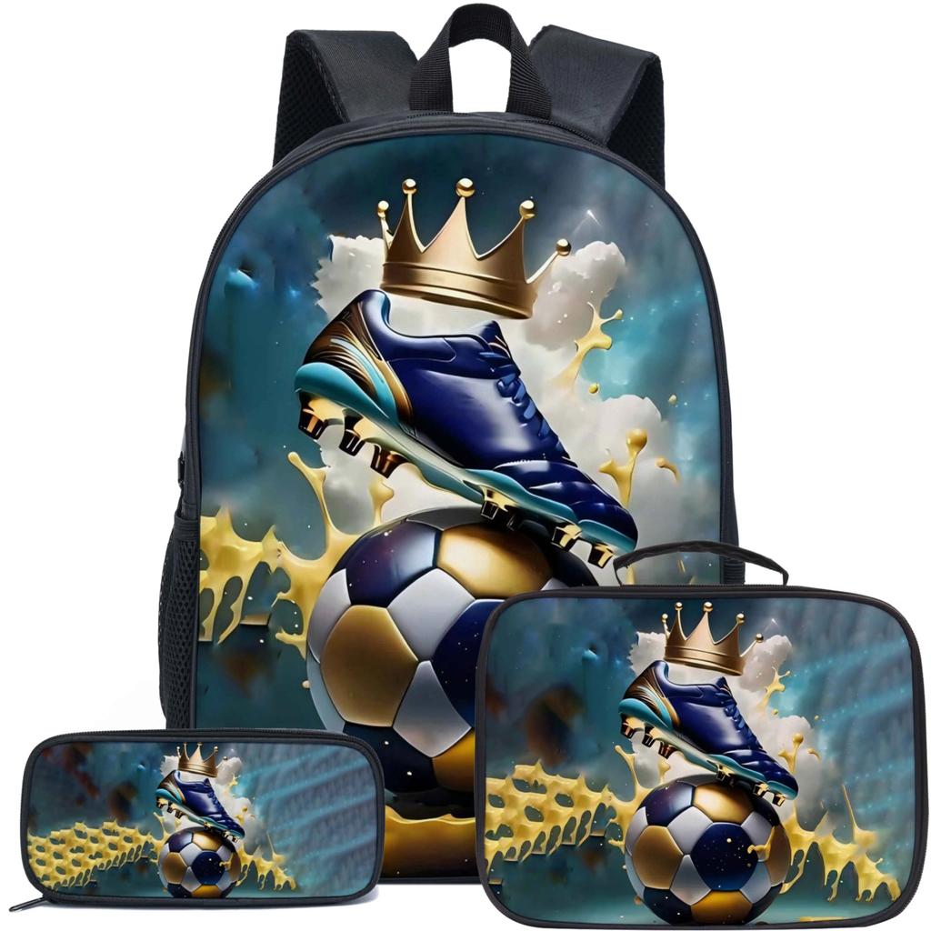 Football Printed Pattern Backpack Cool and Personalized Three Piece Set for Boys Large Capacity Backpack, Meal Bag Pencil Case