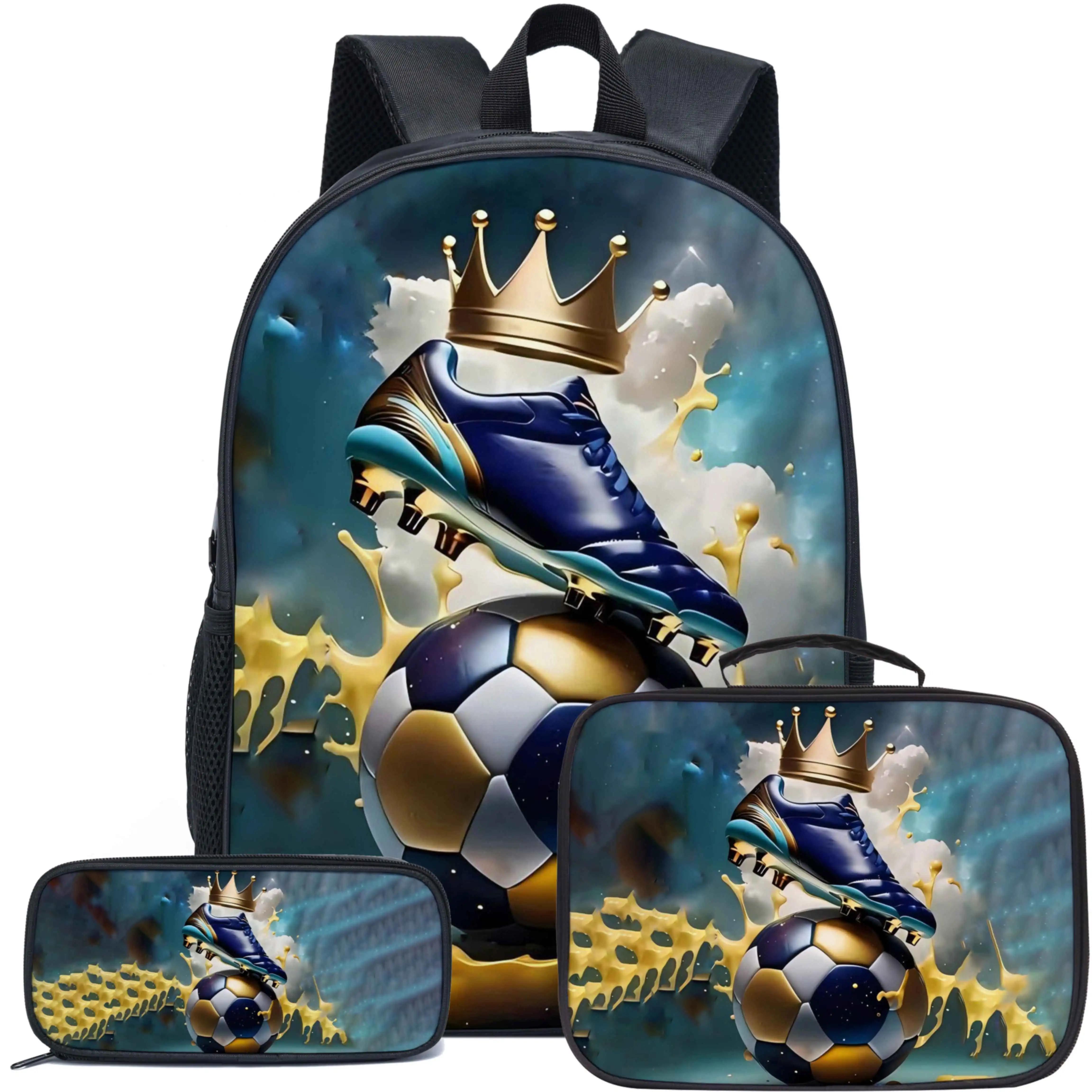 Voetbalprint patroon rugzak coole en gepersonaliseerde set van drie stuks voor jongens rugzak met grote capaciteit, lunchtas etui