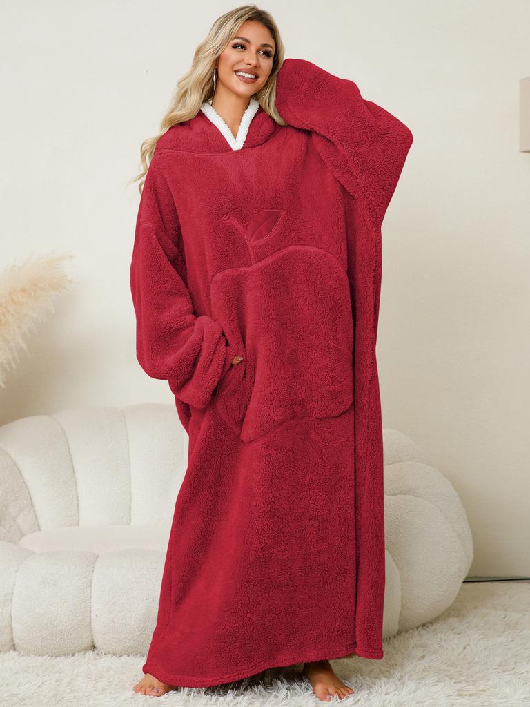 Women's Lazy Long Sleeve Pullover Coral Fleece Pajamas Jacket Thickened Warm Flannel Long Homewear Skirt