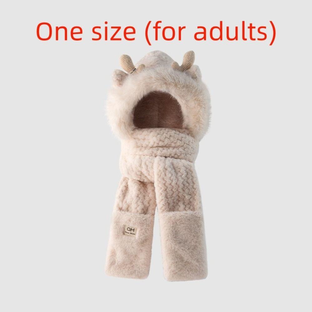 Ear Protection Bear Deer Ears Hat Soft Plush Integrated Cap Scarf Cartoon Winter Hat  Women