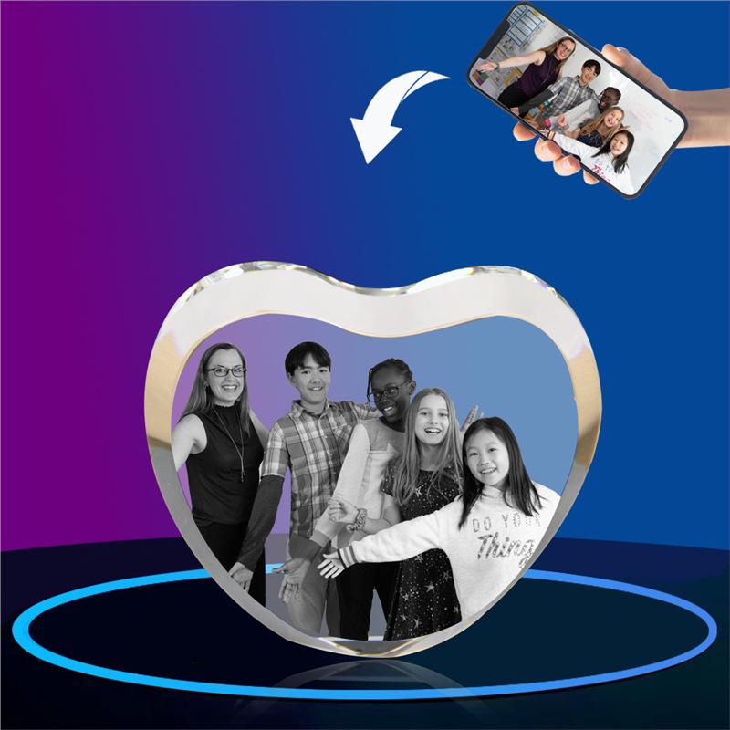 LED Heart-Shaped 3D Crystal Photo Engraving - DIY Laser Engraved White Crystal