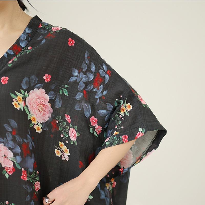 DIMANAF New 2026 Women Plus Size Spring Summer Beach Vintage Floral Print Black Long Dress Loose Oversize Maxi