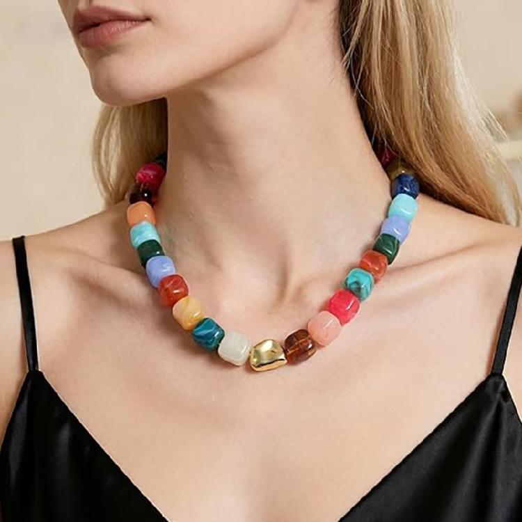 Trendy Resin Bead Chokers Necklace Elastic Cord Fit All Neck Size Great For Parties