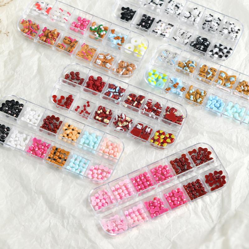 12 Bölmeli/Kutu Mini Fiyonk Tırnak Sanatı Süsleri 3D Sevimli Şeker Rengi Tırnak Takıları Tasarımları Kendin Yap Reçine Tırnak Aksesuarları