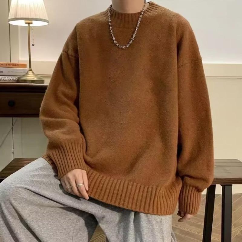 2026 Autumn/Winter Men's Casual Knit Sweater - Hong Kong Lazy Style, Youthful Pure Color Round Neck