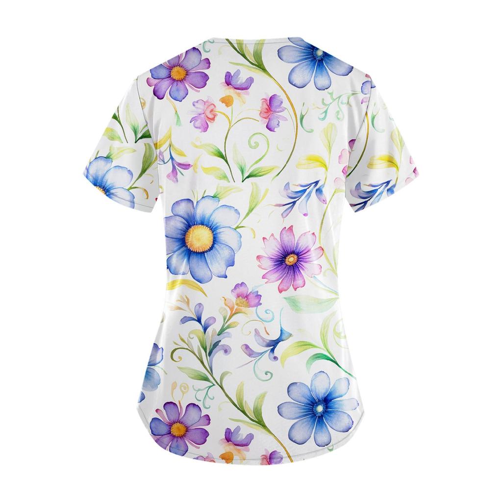 Uniforme de lucru cu imprimeu de mărime mare Topuri pentru femei, cu decolteu în V, cu mâneci scurte, tricouri distractive, haine de lucru, tricou cu buzunare