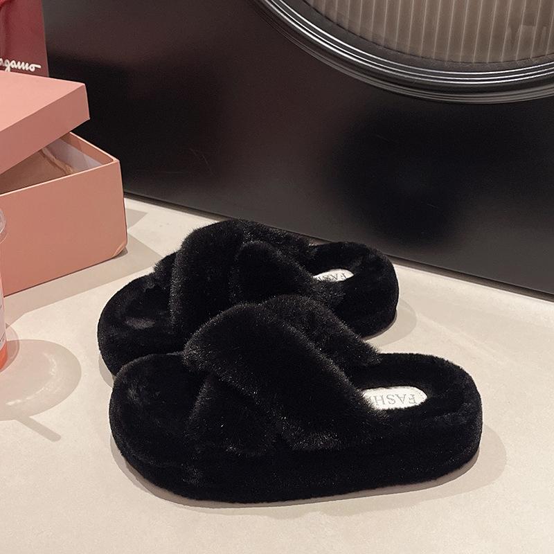 

Thick bottom fluffy slippers women wear autumn and winter 2025 new cross Internet celebrity explosion one word home cotton drag women 40 чорний