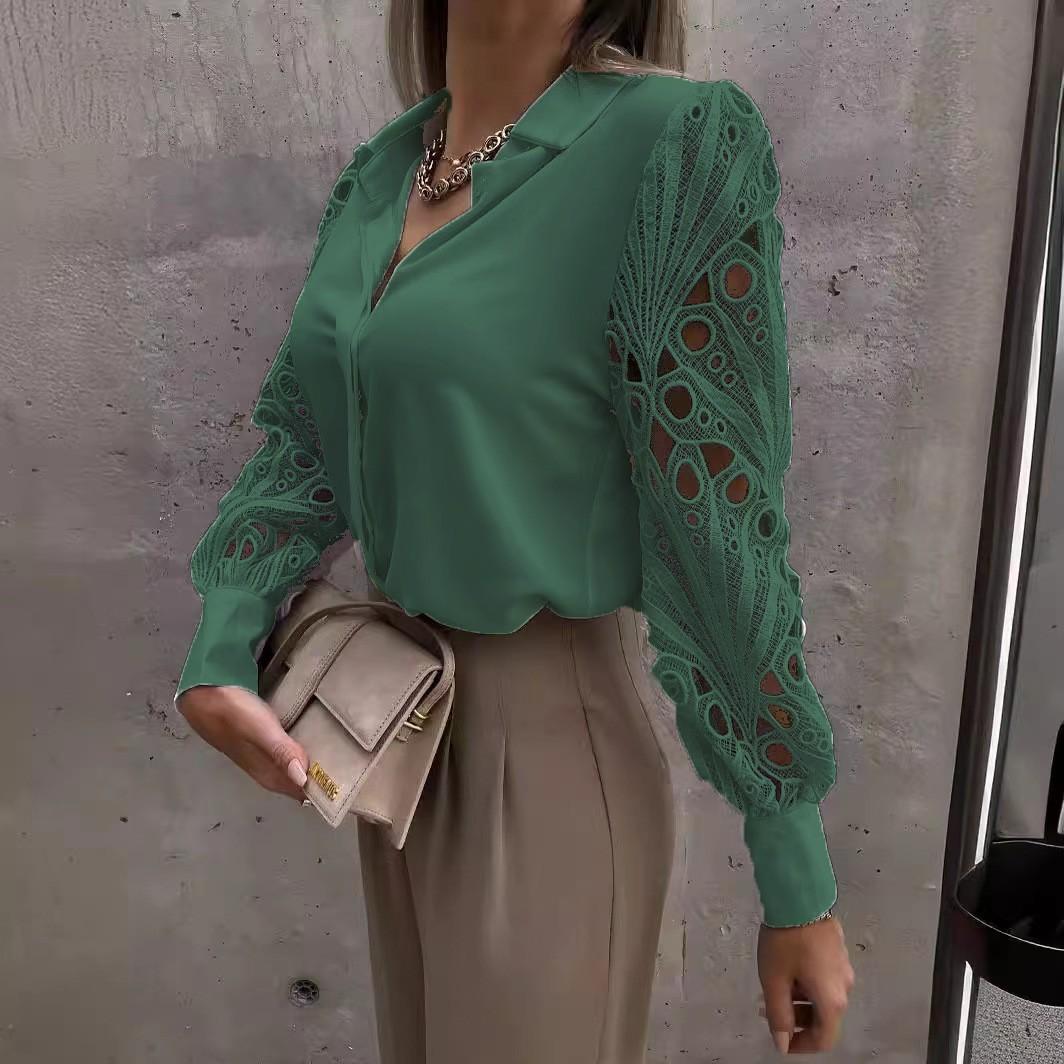 

women s Point Collar Long Sleeve Hollow Lace Patchwork Blouse Loose Fit Solid Color Casual Commuter Shirt Top 2XL