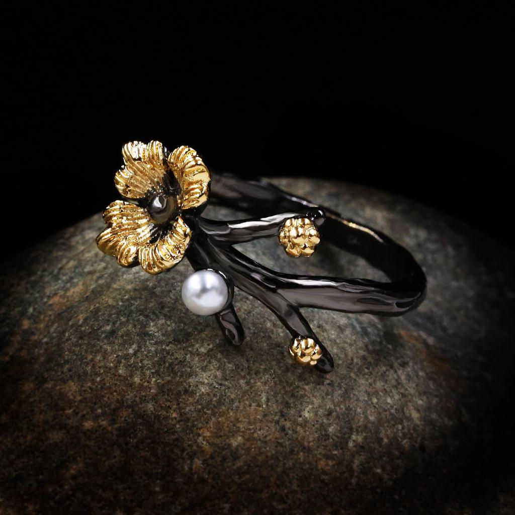 Silver Exquisite Daisy Flower Rings for Women Retro Wedding Black Gold Baroque Pearl Branches Vintage Ring Jewelry Gift