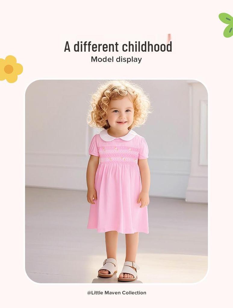 Little Maven Kids' Summer Knit Dress - Euro-American Style Short Sleeve Lapel