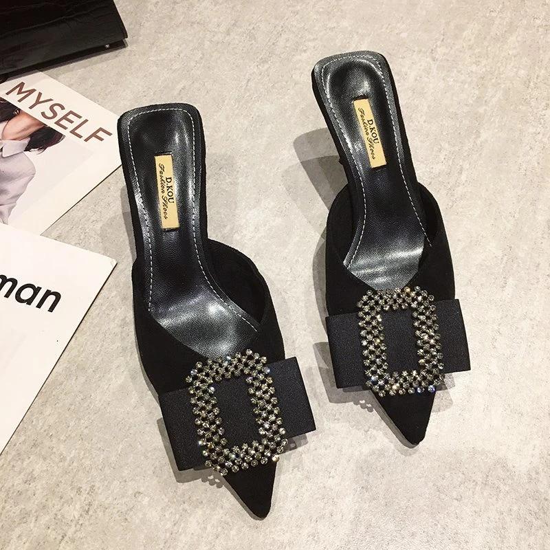 Mote 2024 Damesko Tådeksel Sommerfuglknute Mules For Kvinner Tøfler Fritid Firkantet hæl Loafers Slides Med Luksus Spiss