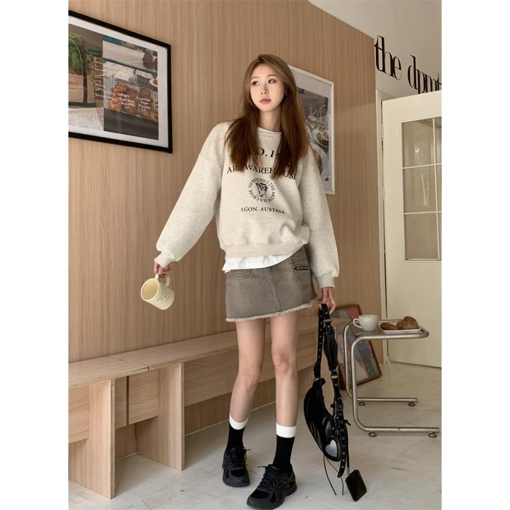 American Loose White Gray Printed Round Neck New Hoodie for Women with Thick Velvet Top