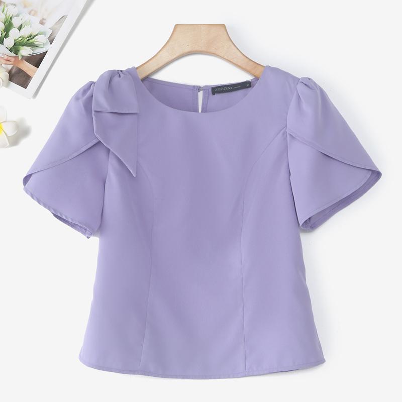 

ZANZEA Женская повседневная блузка с круглым вырезом, однотонная, с коротким рукавом 5XL фиолетовый
