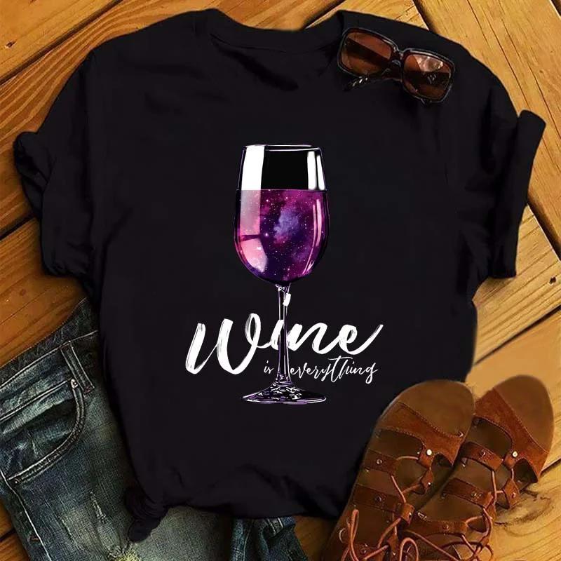 Wine Glasses Printed Tshirts Women Summer Short-sleeve Wine Glass Funny Casual T Shirts Female Black Tops Woman Clothing