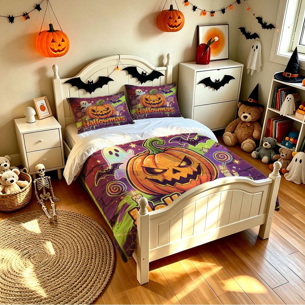 Halloweenmas Pumpkin Ghost Brick Wall 3Pcs Duvet Cover Set Spooky Witchy Holiday Bedding Set Decor