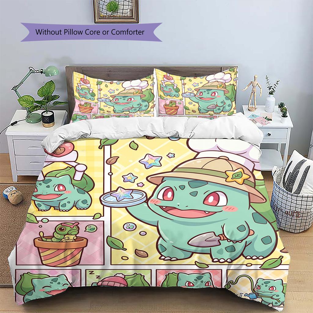 Bulbasaur Pattern Bedding Quilt Set Quilt Cover Pillowcase Home Decoration Birthday Gift (1 * duvet cover + 2 * pillowcase, without core)